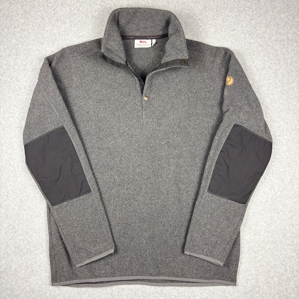 Fjallraven Ovik Fleece Sweater Mens XL Grey Pullover 1/4 Button Elbow Patch